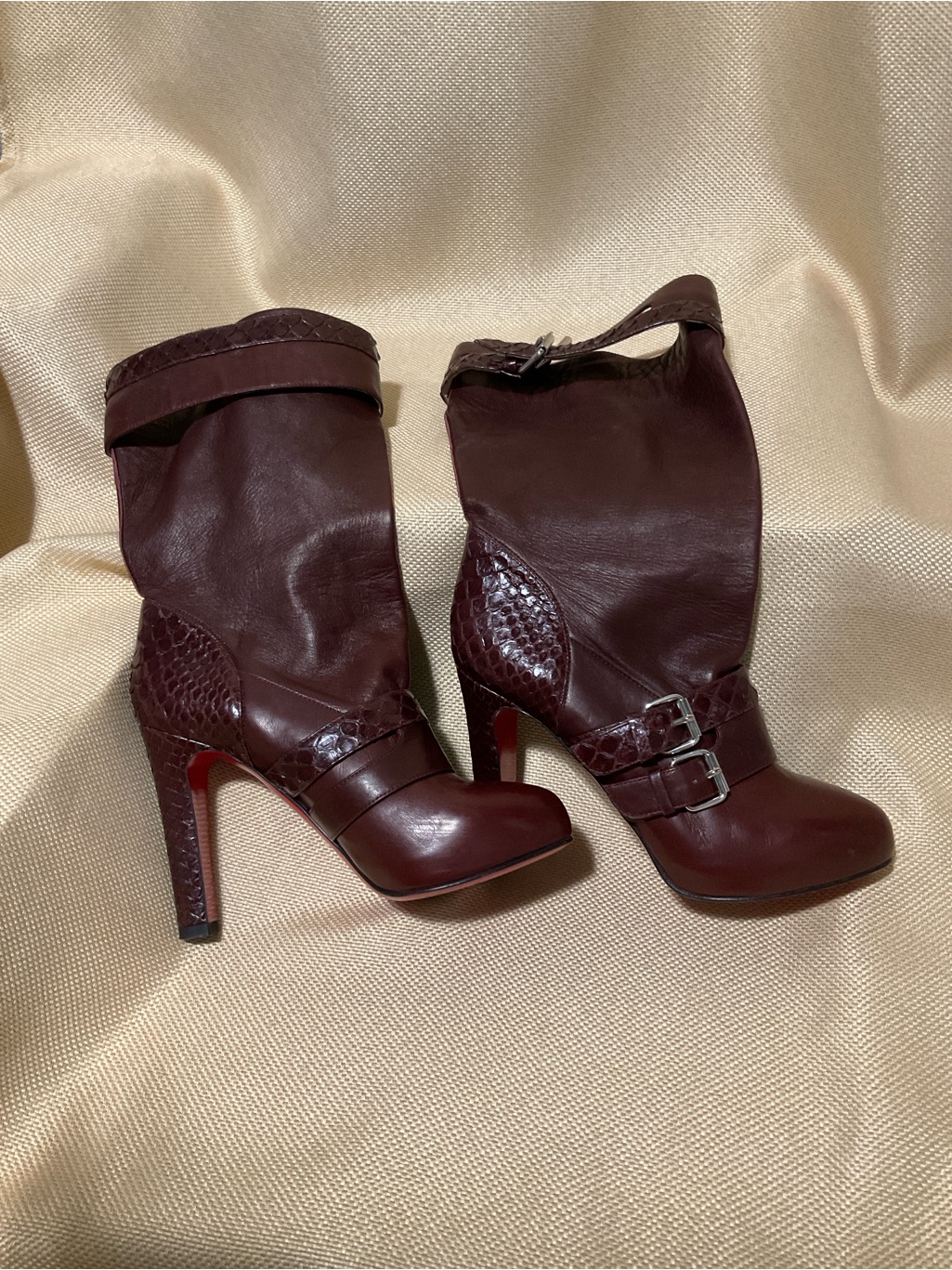 Christian Louboutin Burgundy Leather High-Heel Ankle Boots With Buckle Detail